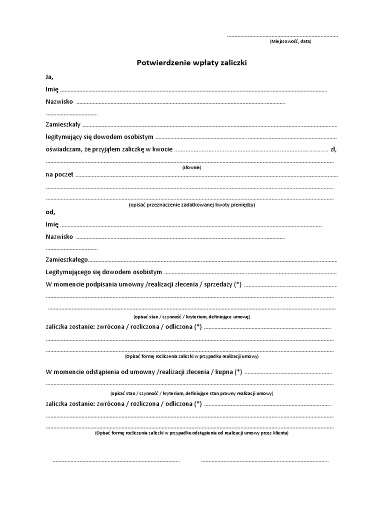 Jak opisać zadatek w przelewie?